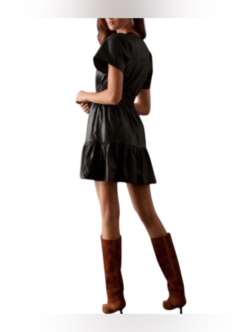 Anthropologie Somerset Vegan Leather Mini Dress Black Smocked Tiered Sz  LP EUC - Picture 2 of 16